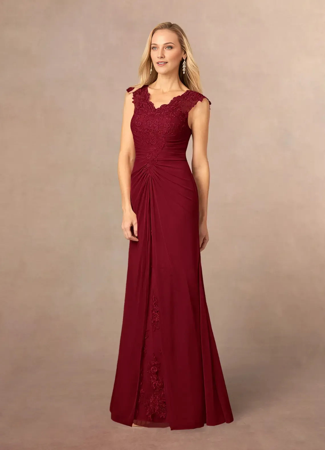 Burgundy A-Line Lace Mother of the Bride Dress with Embroidered V - Neck Cap Sleeves Ruched Chiffon Overlay  ﻿