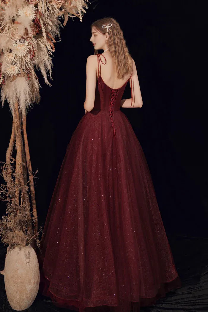 Burgundy A-Line Shiny Tulle Long Prom Dress Lovely Lace-Up Graduation Dress