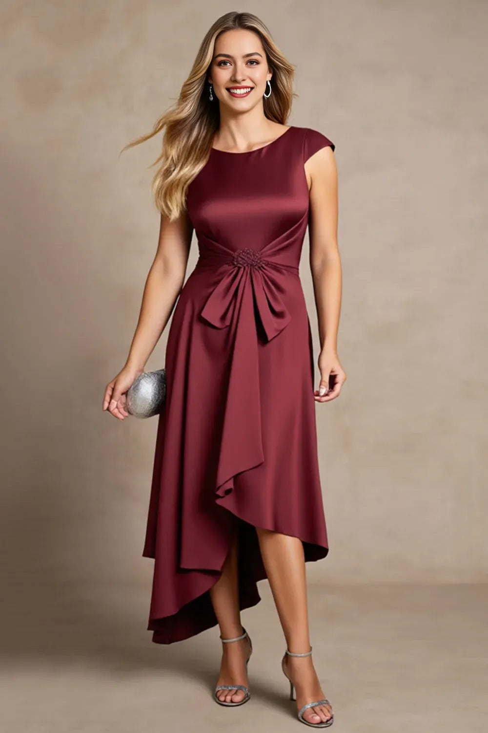 Burgundy A Line Ruched Asymmetrical Mother Of The Bride Dress