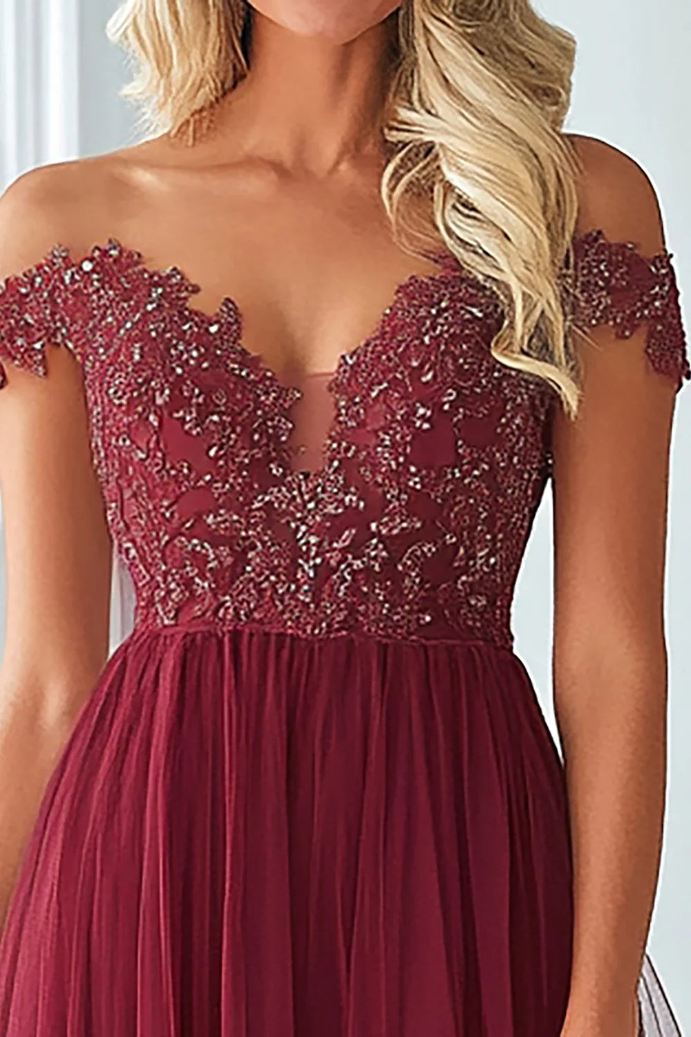 Burgundy A Line Tulle Lace Off the Shoulder Mother of the Bride Dress ﻿