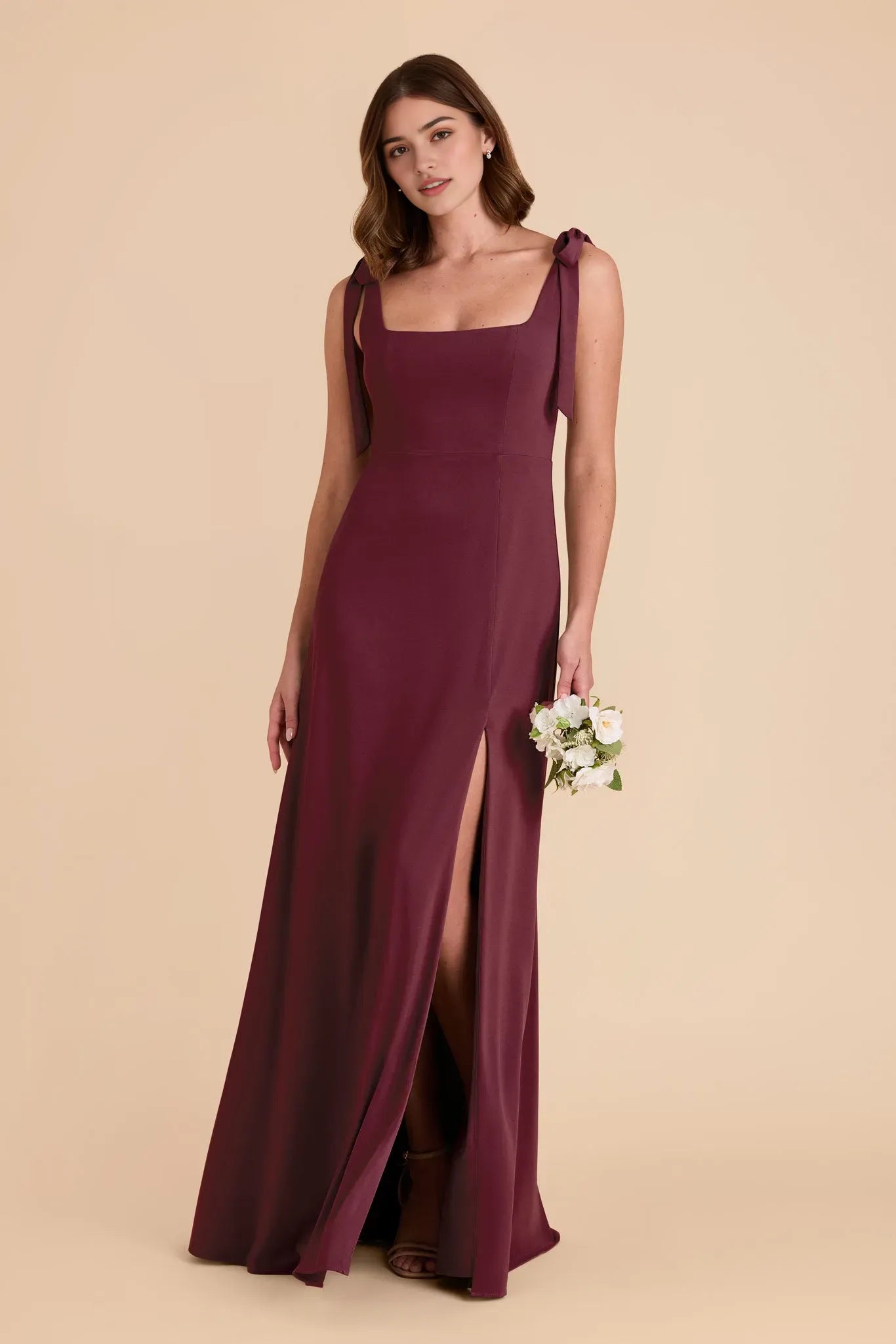 Burgundy Bow  Strap Prom Dress Square Neck High Side Slit for Contemporary City Chic Prom Nights