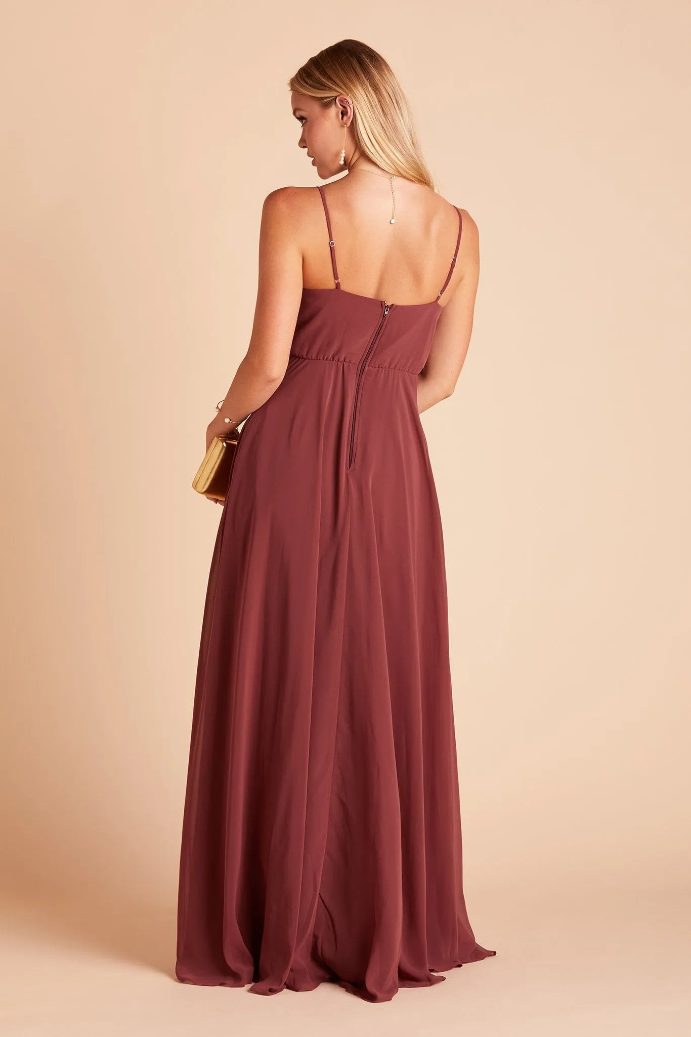Burgundy Chiffon Deep V Neck Prom Dress Cross  Ruched Bodice Side Slit for Free  Spirited Desert - Gala Formal Nights