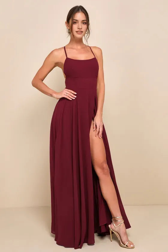 Burgundy Chiffon Prom Dress with Square Neckline Spaghetti Straps High Side Slit Elegant Maxi Gown for Formal Balls Galas and Special Occasions