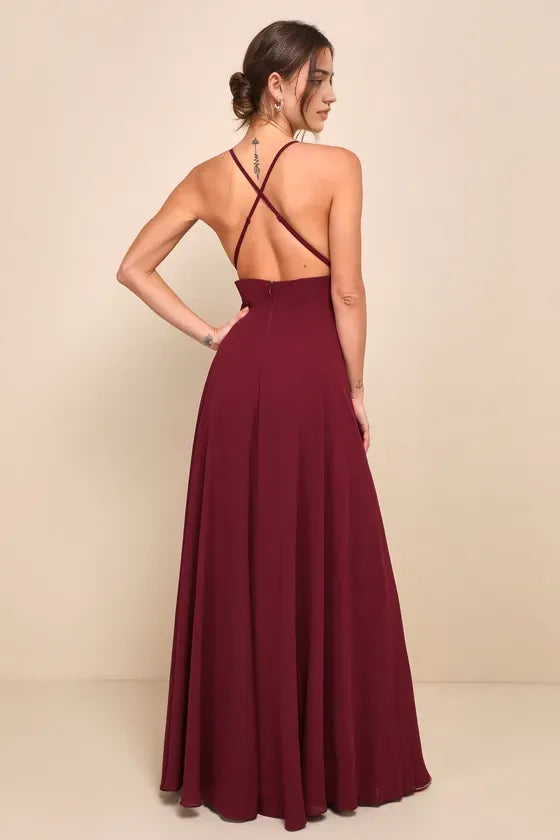 Burgundy Chiffon Prom Dress with Square Neckline Spaghetti Straps High Side Slit Elegant Maxi Gown for Formal Balls Galas and Special Occasions