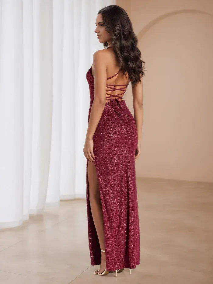 Burgundy Glitter Mermaid Prom Dress Cowl Neckline Spaghetti Straps Side Slit for Dazzling Gala Nights