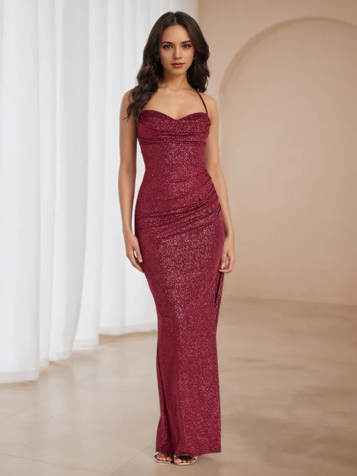 Burgundy Glitter Mermaid Prom Dress Cowl Neckline Spaghetti Straps Side Slit for Dazzling Gala Nights
