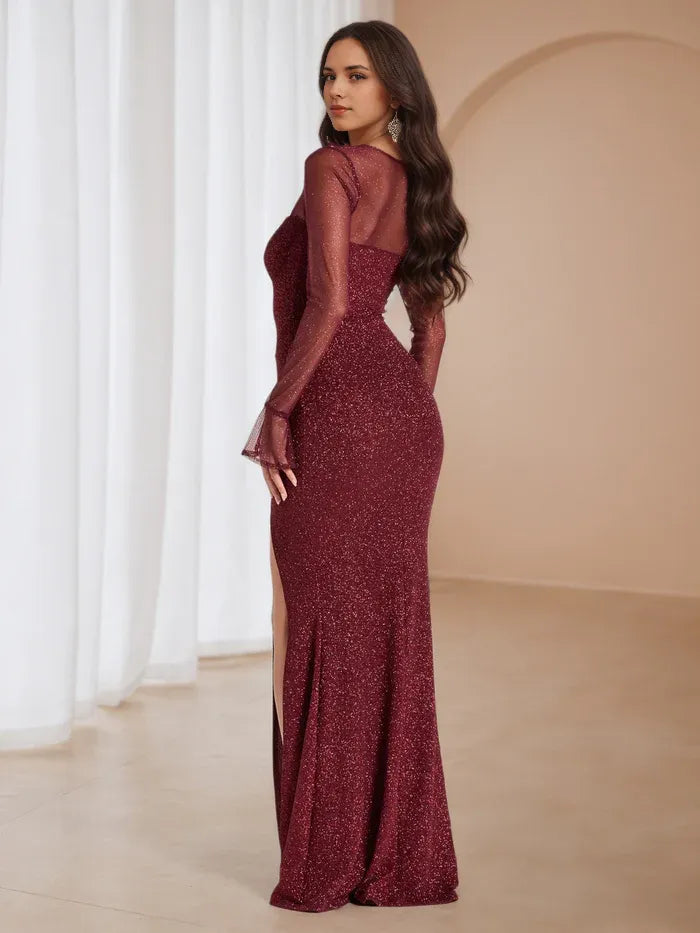 Burgundy Glitter Prom Dress Sheer Mesh Sleeves Sweetheart Neckline Side Slit for a Stunning Gala Appearance
