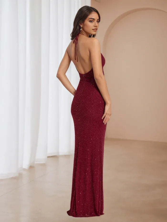 Burgundy Halter Neck Sequin Prom Dress Mermaid Style Evening Gown