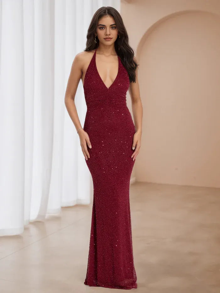 Burgundy Halter Neck Sequin Prom Dress Mermaid Style Evening Gown