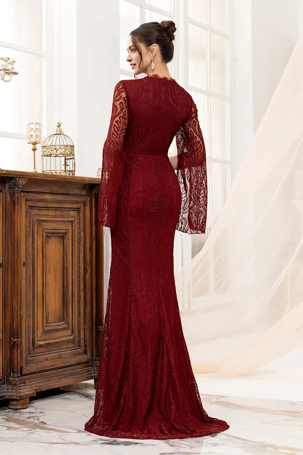Burgundy Lace Mermaid Long Mother of the Bride Dress with Slit ﻿