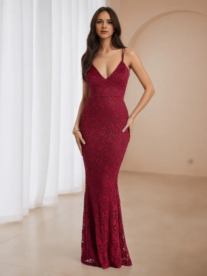 Burgundy Lace Mermaid Prom Dress Deep V - Neck Spaghetti Straps for Timeless Gala Elegance