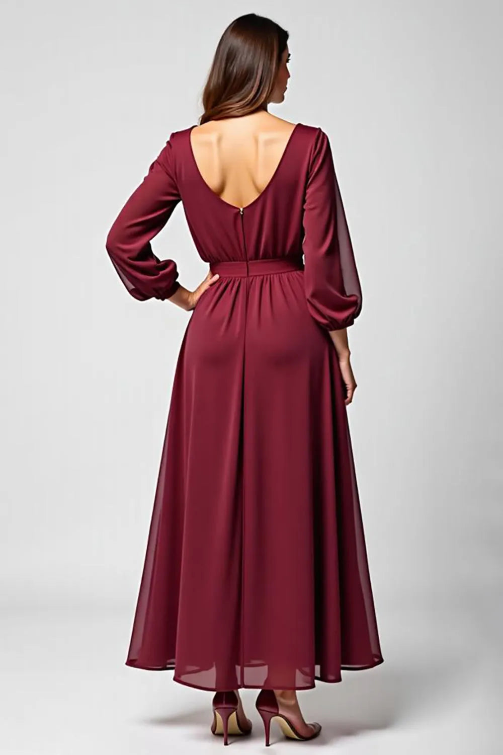 Burgundy Long Chiffon Mother of the Bride Dress with Long Sleeves ﻿