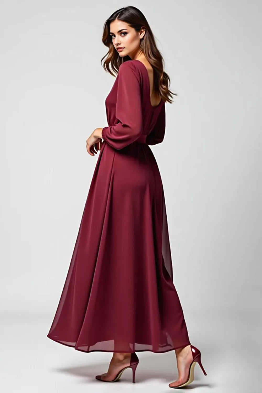 Burgundy Long Chiffon Mother of the Bride Dress with Long Sleeves ﻿