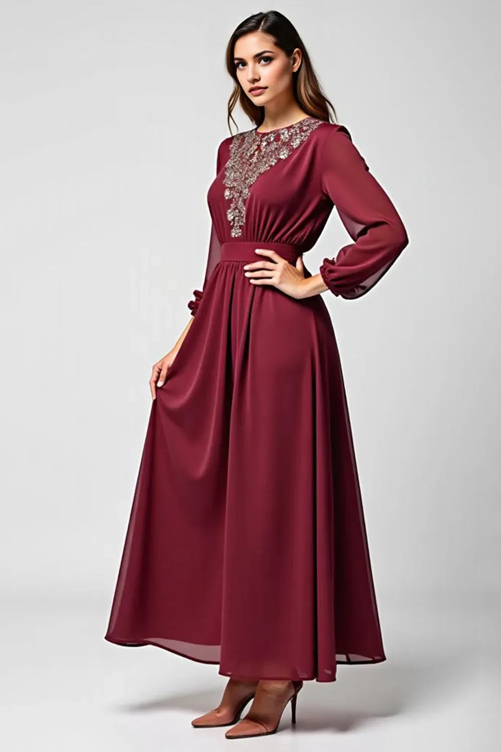 Burgundy Long Chiffon Mother of the Bride Dress with Long Sleeves ﻿