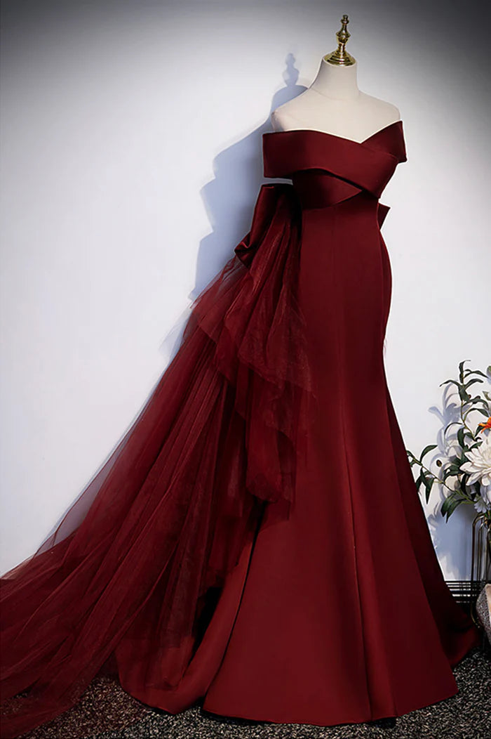 Burgundy Mermaid Long Prom Dress Off the Shoulder V-Neck Formal Evening Dress