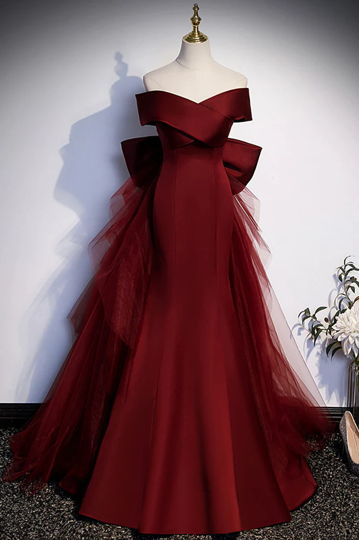 Burgundy Mermaid Long Prom Dress Off the Shoulder V-Neck Formal Evening Dress