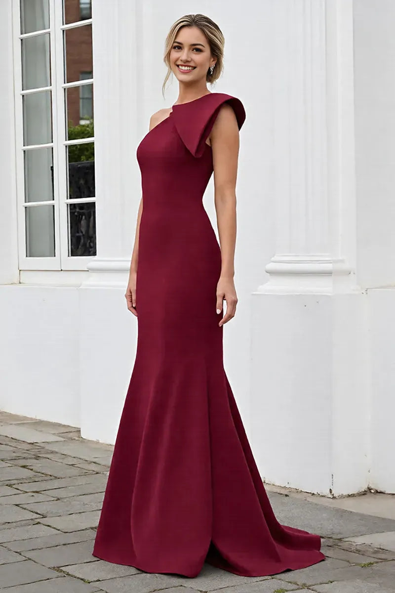 Burgundy Mermaid Satin One Shoulder Maxi Mother of the Bride Dress