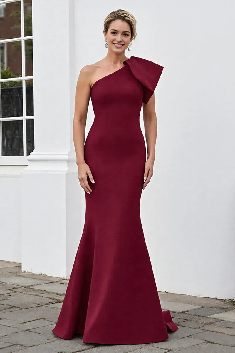 Burgundy Mermaid Satin One Shoulder Maxi Mother of the Bride Dress