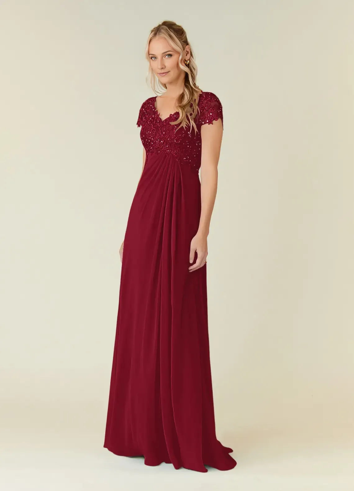 Burgundy Mother of the Bride Dress with Beaded Lace V - Neck Bodice Cap Sleeves and Flowy Chiffon Skirt