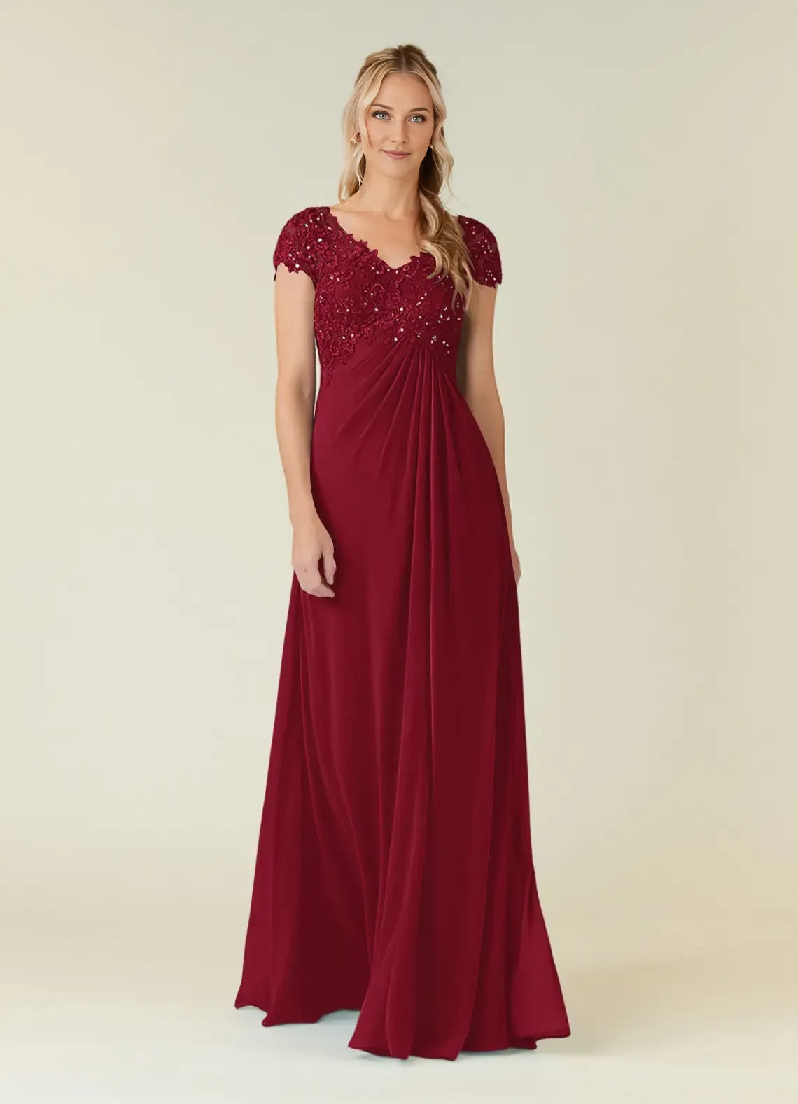 Burgundy Mother of the Bride Dress with Beaded Lace V - Neck Bodice Cap Sleeves and Flowy Chiffon Skirt