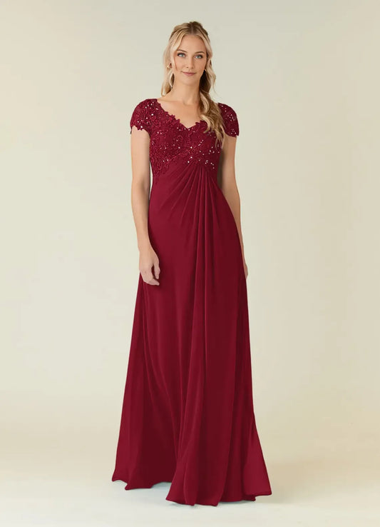 Burgundy Mother of the Bride Dress with Beaded Lace V - Neck Bodice Cap Sleeves and Flowy Chiffon Skirt