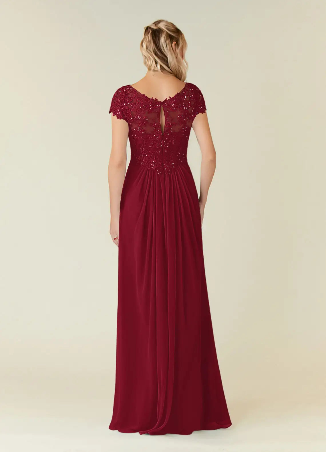Burgundy Mother of the Bride Dress with Beaded Lace V - Neck Bodice Cap Sleeves and Flowy Chiffon Skirt