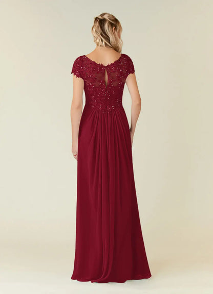 Burgundy Mother of the Bride Dress with Beaded Lace V - Neck Bodice Cap Sleeves and Flowy Chiffon Skirt