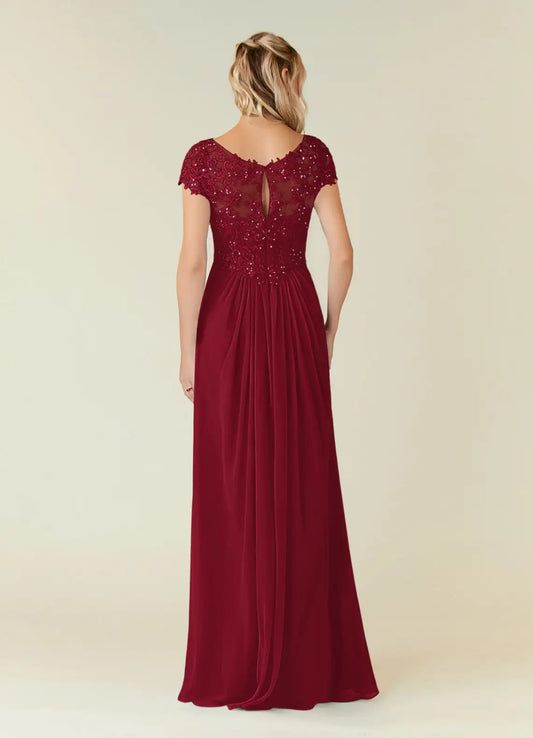 Burgundy Mother of the Bride Dress with Beaded Lace V - Neck Bodice Cap Sleeves and Flowy Chiffon Skirt