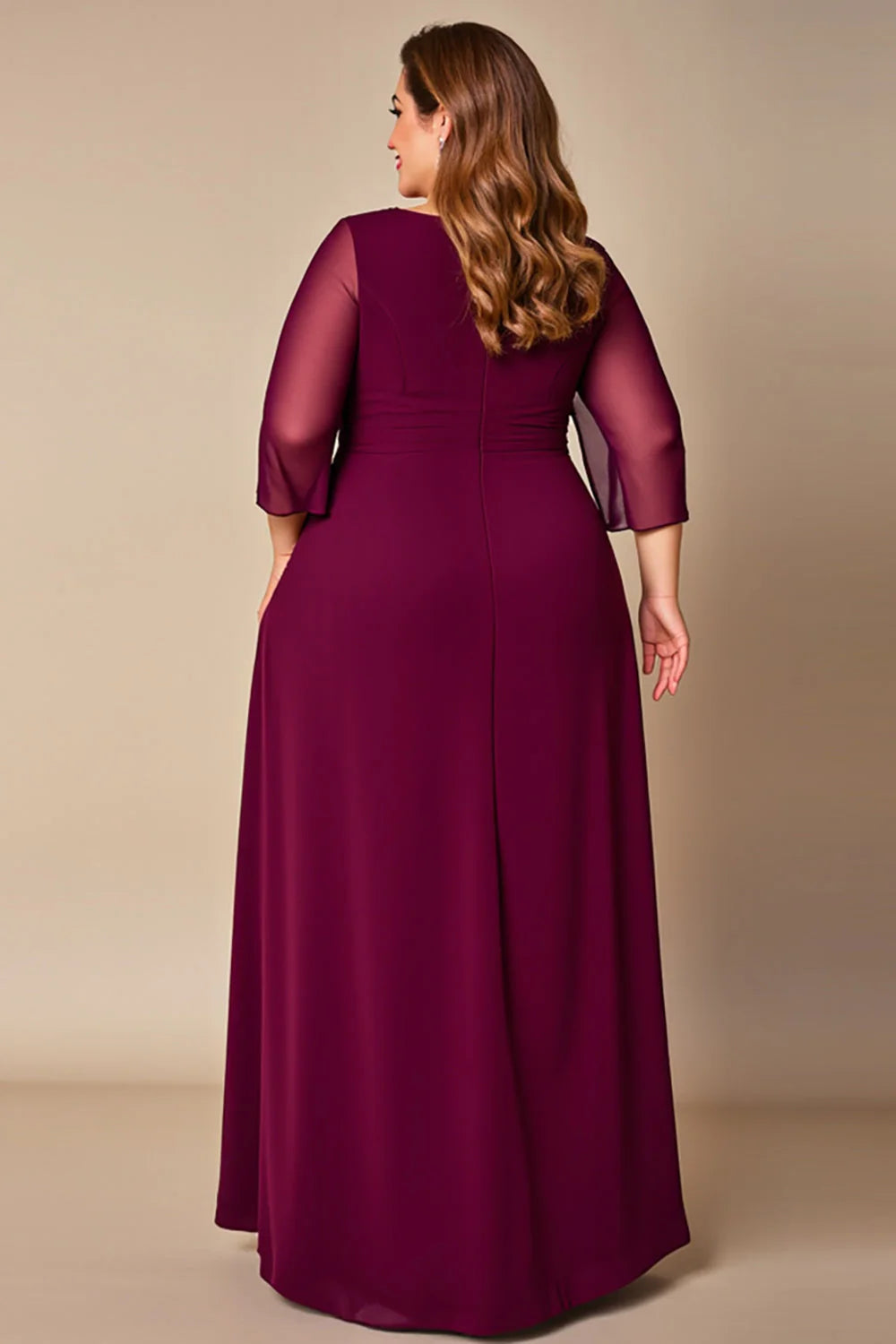 Burgundy Plus Size A Line Long Mother of the Bride Dress with Sleeves ﻿