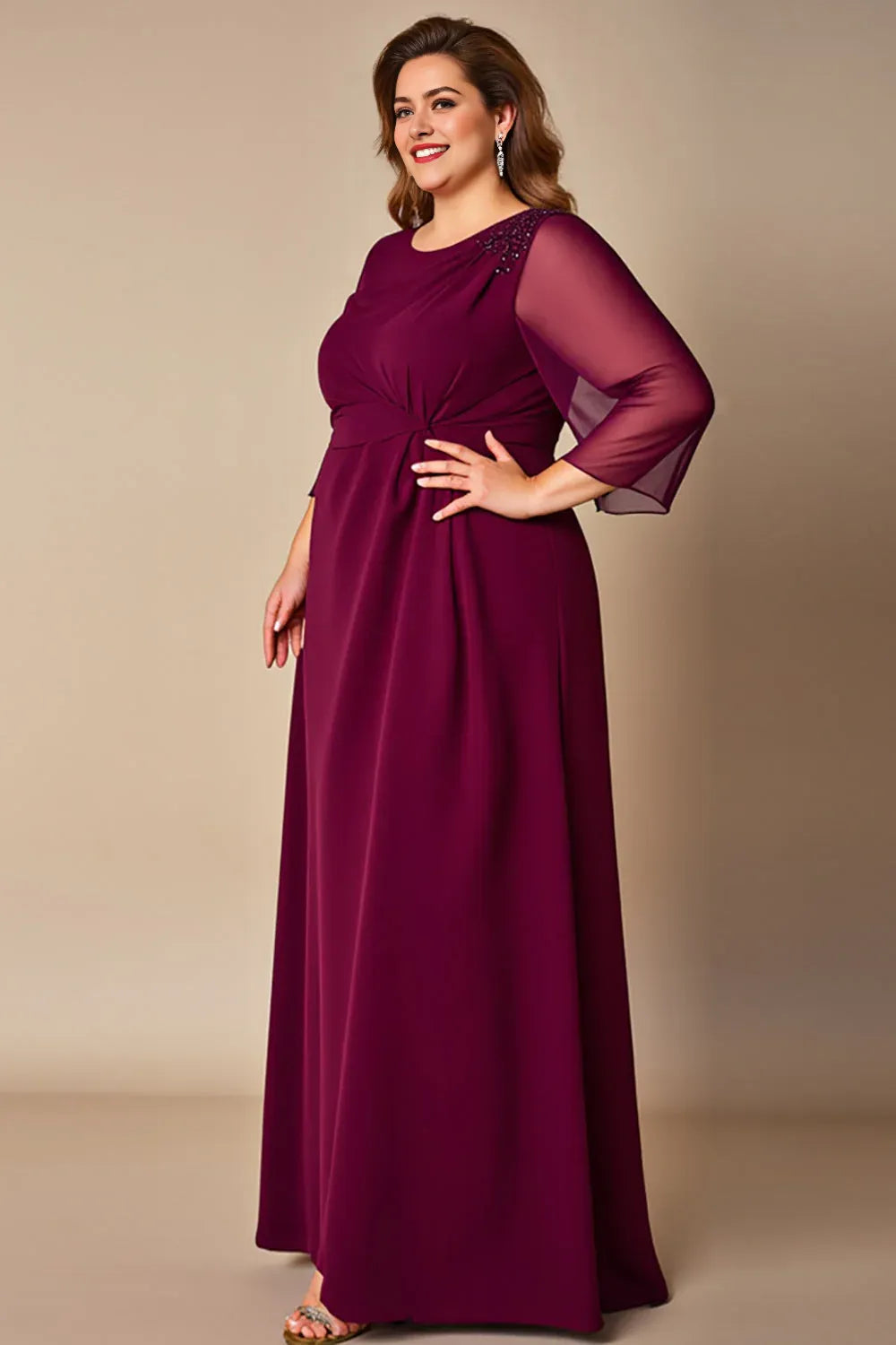 Burgundy Plus Size A Line Long Mother of the Bride Dress with Sleeves ﻿