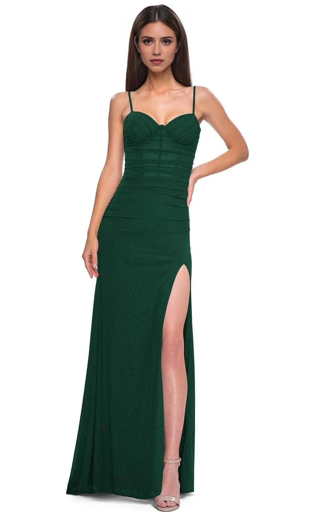 Burgundy Ruched Mesh Prom Dress with Spaghetti Straps and High Side Slit for Formal Evening Events