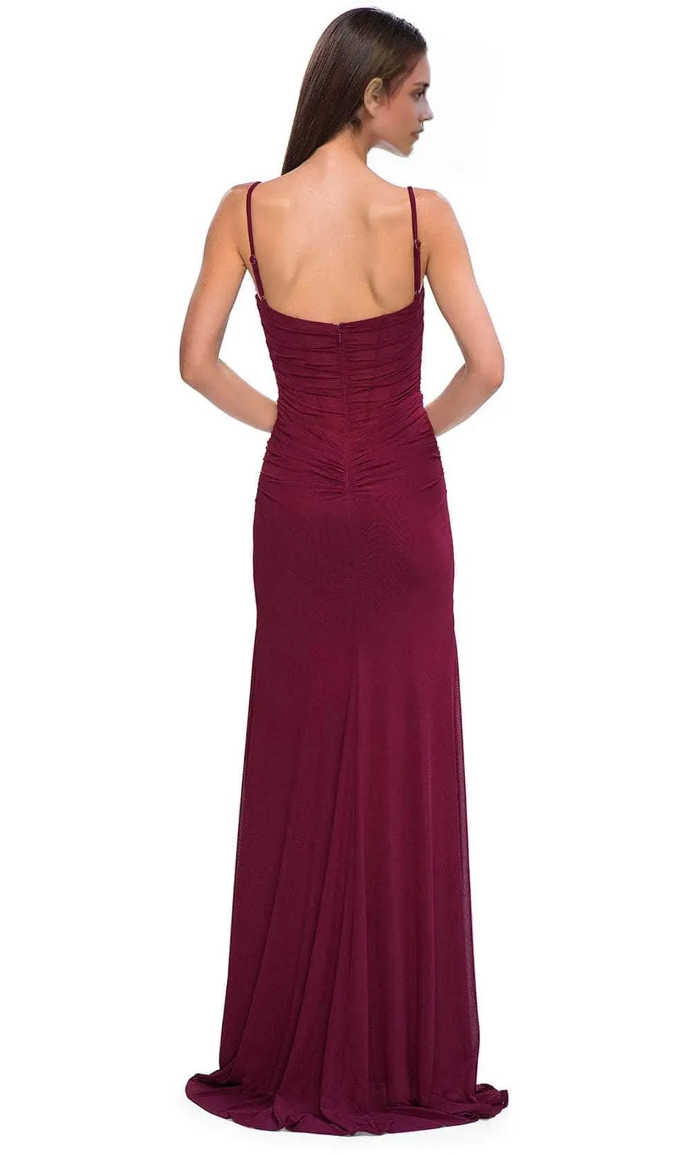 Burgundy Ruched Mesh Prom Dress with Spaghetti Straps and High Side Slit for Formal Evening Events