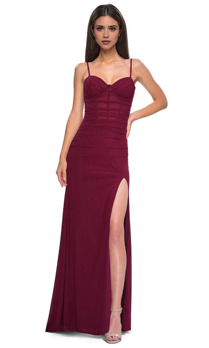 Burgundy Ruched Mesh Prom Dress with Spaghetti Straps and High Side Slit for Formal Evening Events