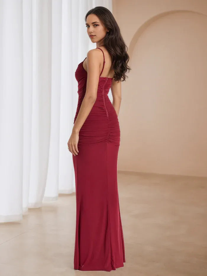 Burgundy Ruched Prom Dress with Lace Trim Spaghetti Straps Figure - Hugging Silhouette for Timeless Gala Elegance