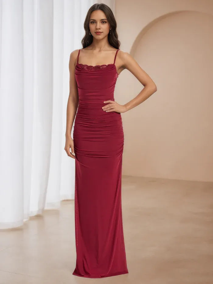 Burgundy Ruched Prom Dress with Lace Trim Spaghetti Straps Figure - Hugging Silhouette for Timeless Gala Elegance