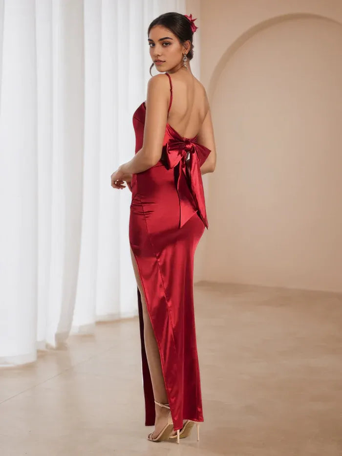 Burgundy Satin Gown Spaghetti Straps Ruched Bodice Side Slit for Glamorous Proms