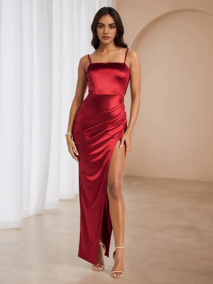 Burgundy Satin Gown Spaghetti Straps Ruched Bodice Side Slit for Glamorous Proms