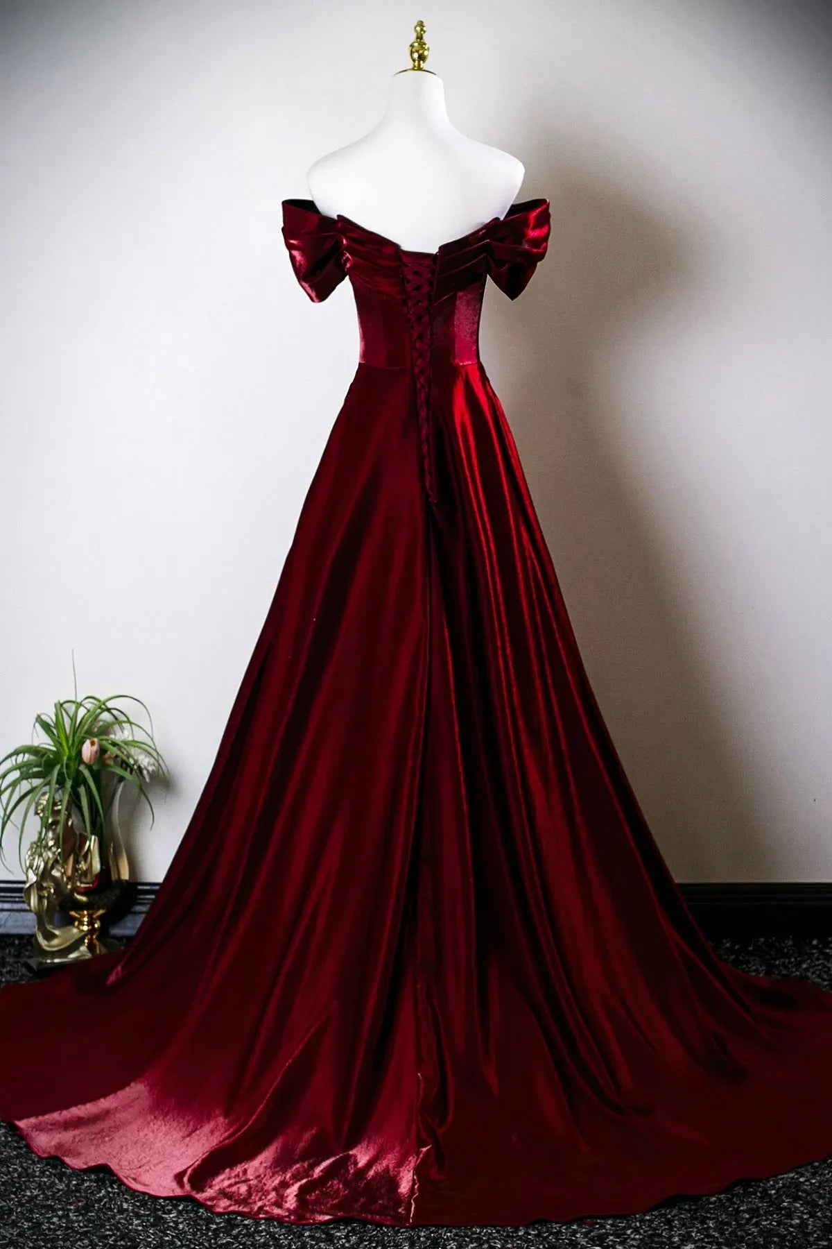 Burgundy Satin Long Prom Dress Off the Shoulder Evening Party Dress