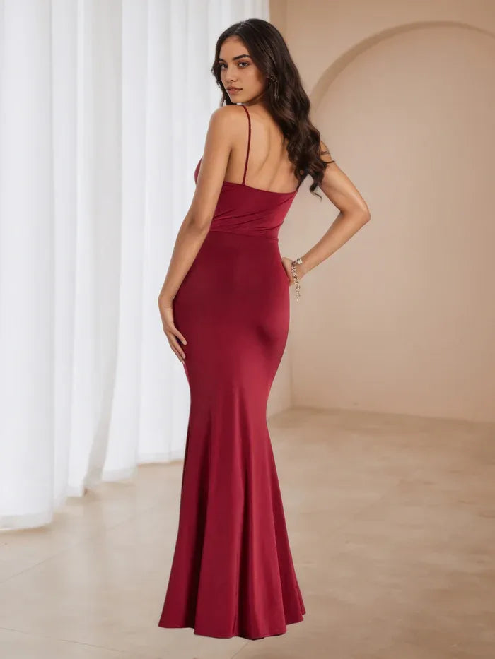 Burgundy Satin Mermaid Prom Dress Cowl Neckline Spaghetti Straps for Timeless Glamour