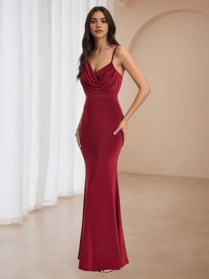 Burgundy Satin Mermaid Prom Dress Cowl Neckline Spaghetti Straps for Timeless Glamour