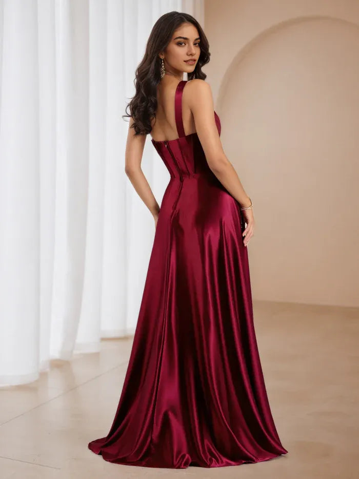 Burgundy Satin One  Shoulder Prom Dress Cowl Neckline Side Slit for Regal