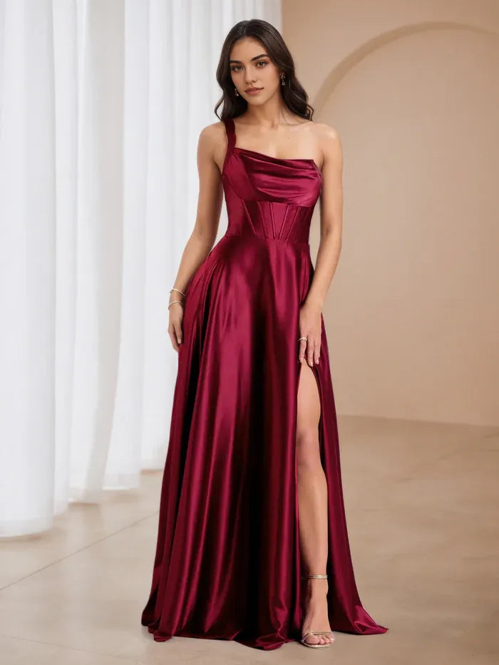 Burgundy Satin One  Shoulder Prom Dress Cowl Neckline Side Slit for Regal