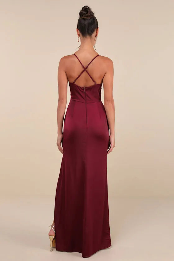 Burgundy Satin Prom Dress with Cowl Neckline Spaghetti Straps Asymmetric Wrap Skirt High-Thigh Slit Perfect for Formal Galas