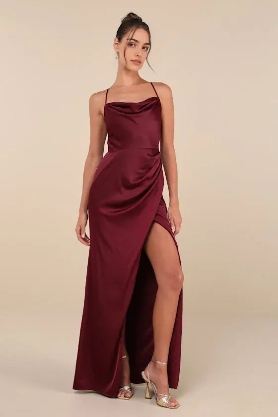 Burgundy Satin Prom Dress with Cowl Neckline Spaghetti Straps Asymmetric Wrap Skirt High-Thigh Slit Perfect for Formal Galas