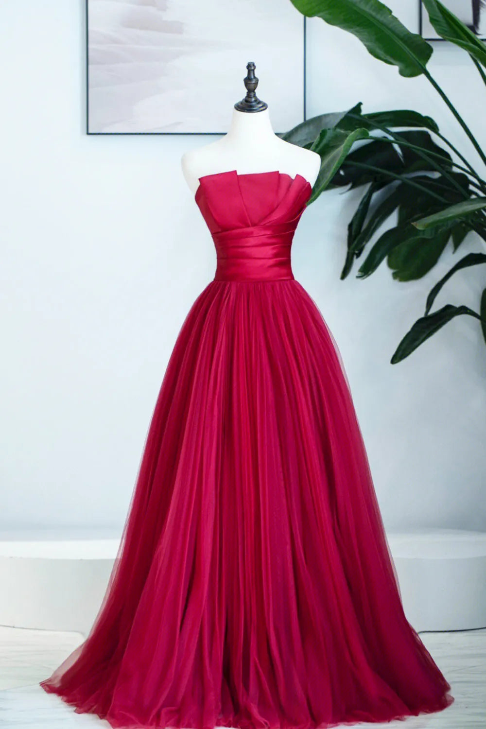 Burgundy Satin Tulle Long Prom Dress  A-Line Strapless Evening Dress