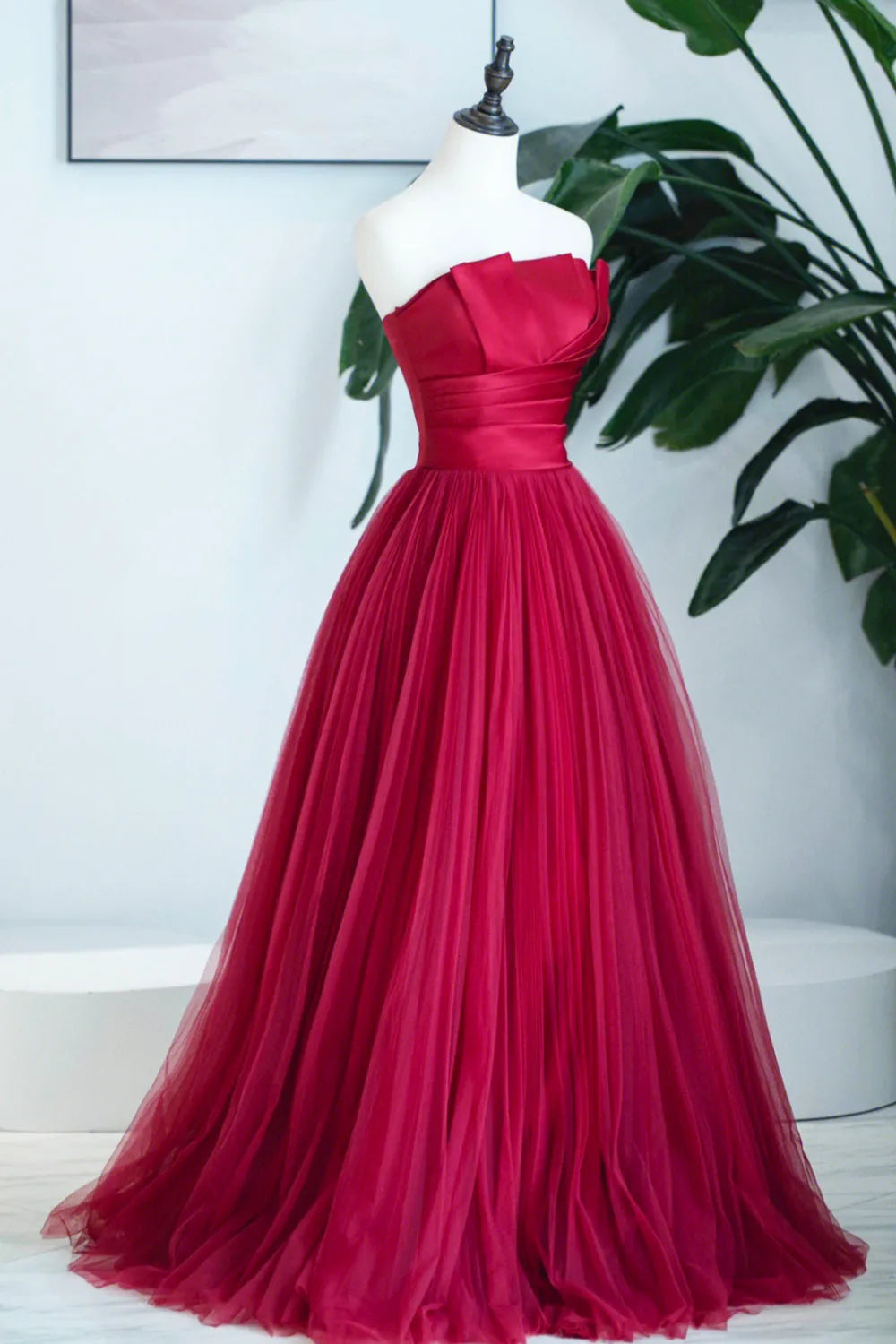 Burgundy Satin Tulle Long Prom Dress  A-Line Strapless Evening Dress