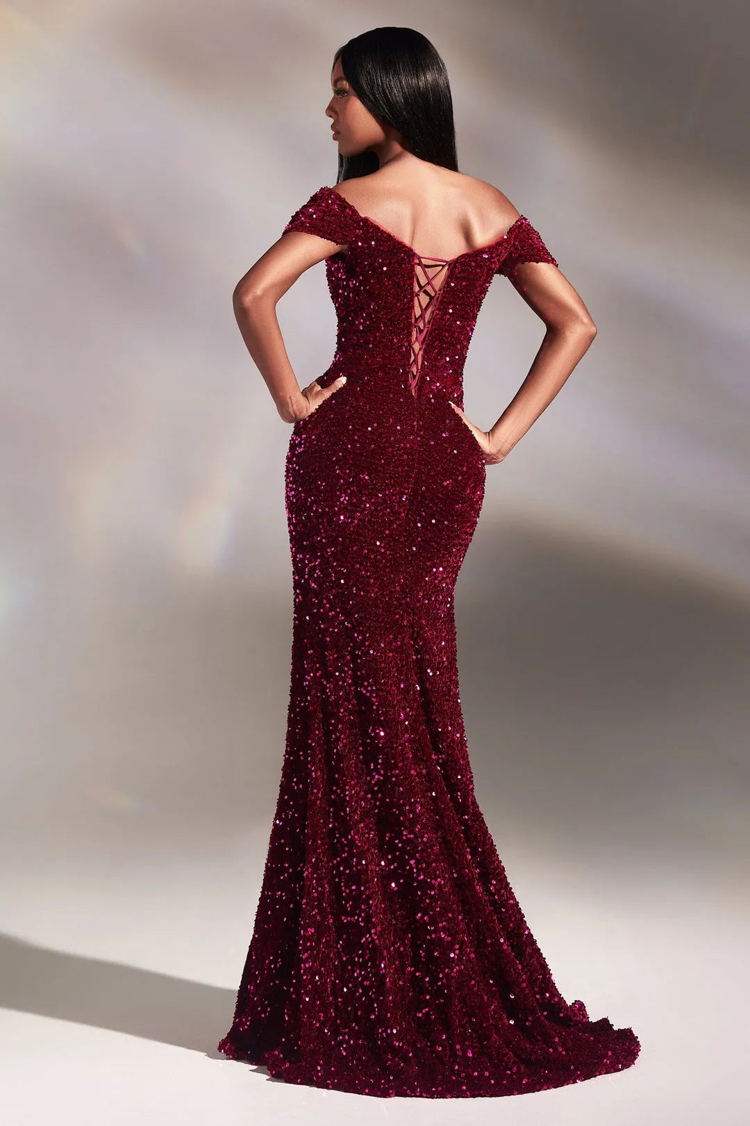 Burgundy Sequin  Embellished Off  Shoulder Mermaid Prom Dress with Ruched Detail and High Side Slit for Glamorous Formal Galas