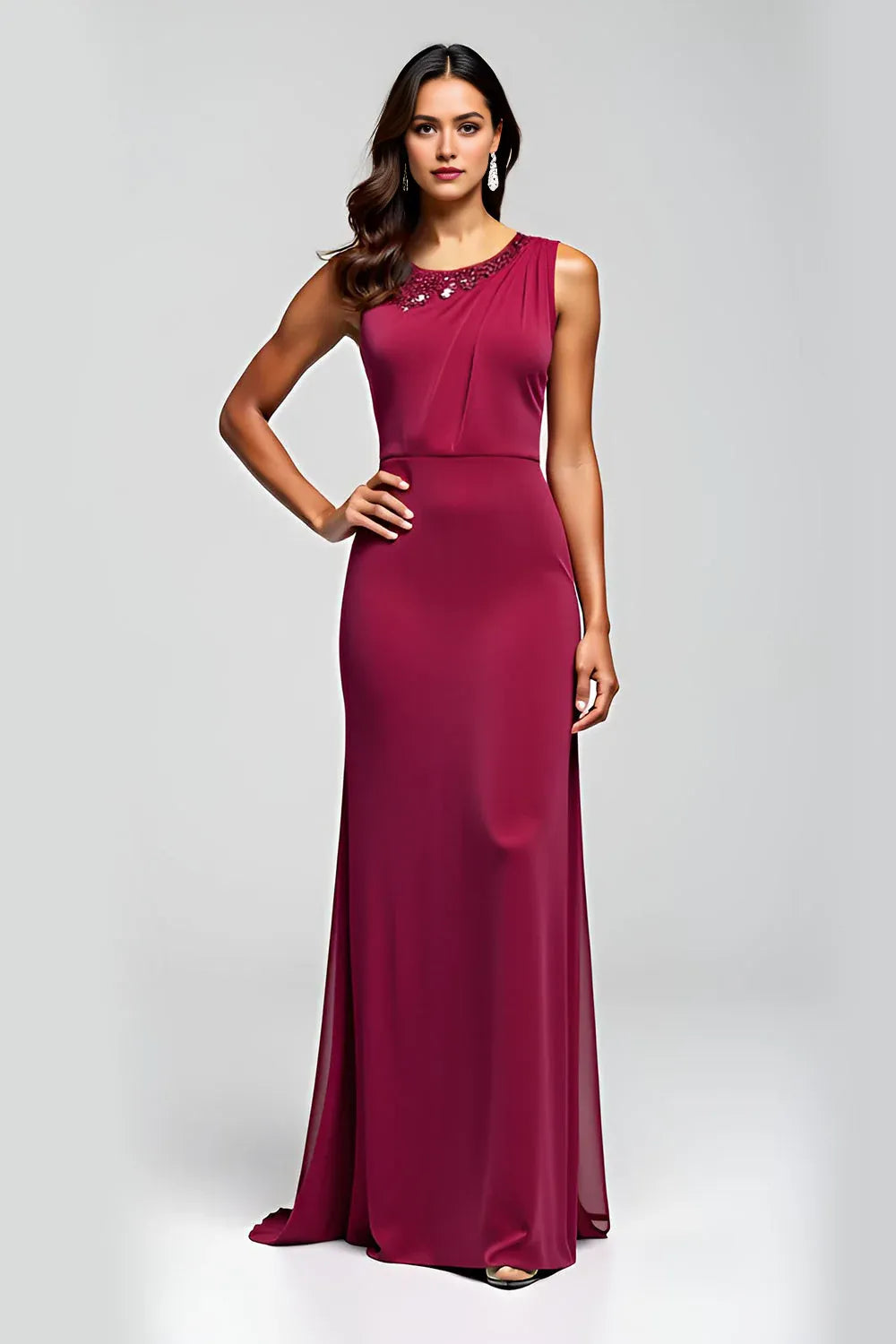 Burgundy Sheath Beaded Long Mother of the Bride Dress