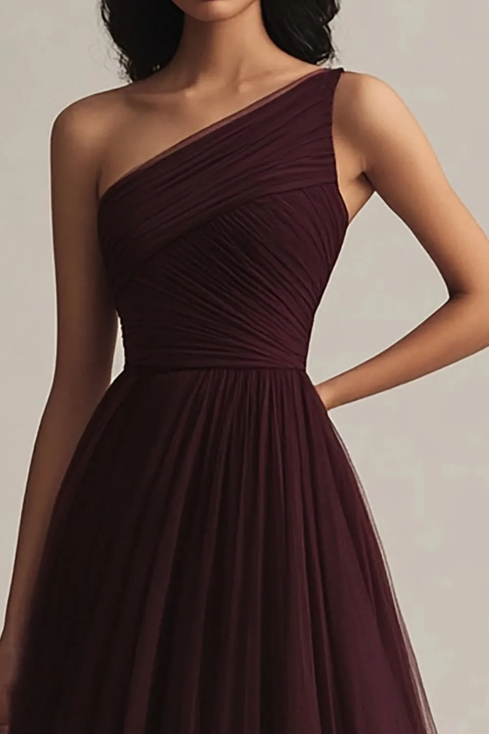 Burgundy Tulle A Line One Shoulder Evening Dress ?