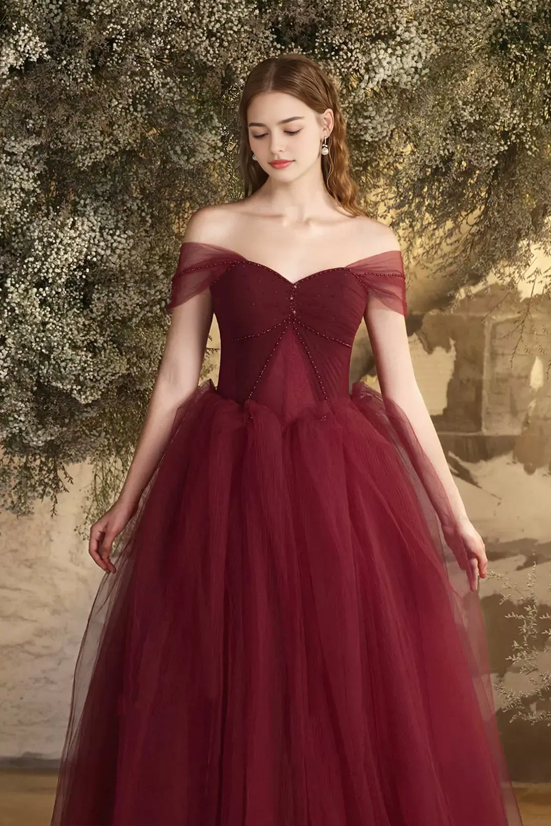 Burgundy Tulle Floor Length Prom Dress Beautiful Off the Shoulder Evening Party Dress